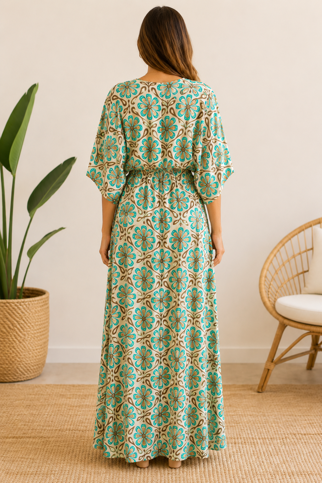 VESTIDO MAXI FLORAL TURQUESA