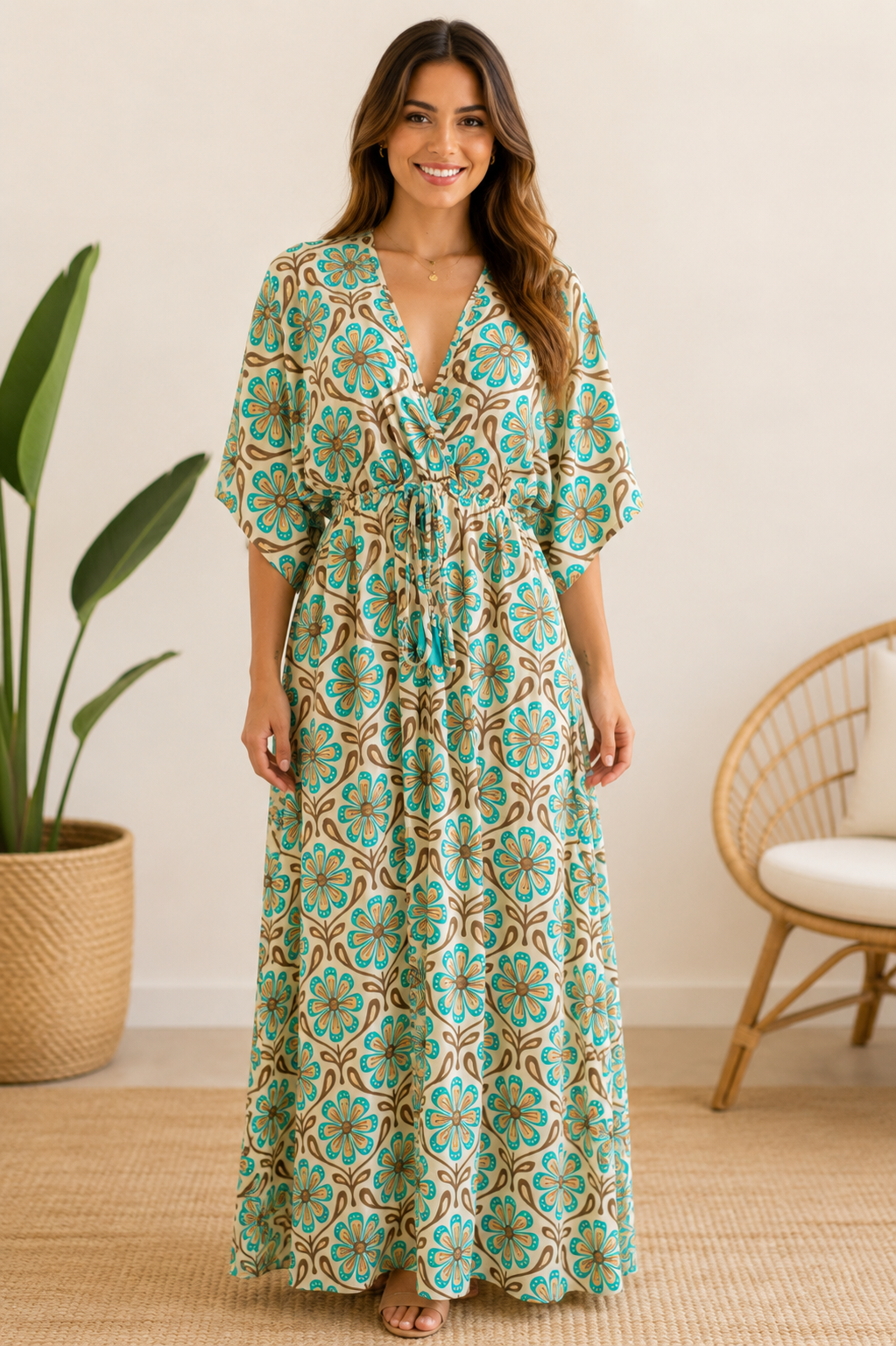VESTIDO MAXI FLORAL TURQUESA