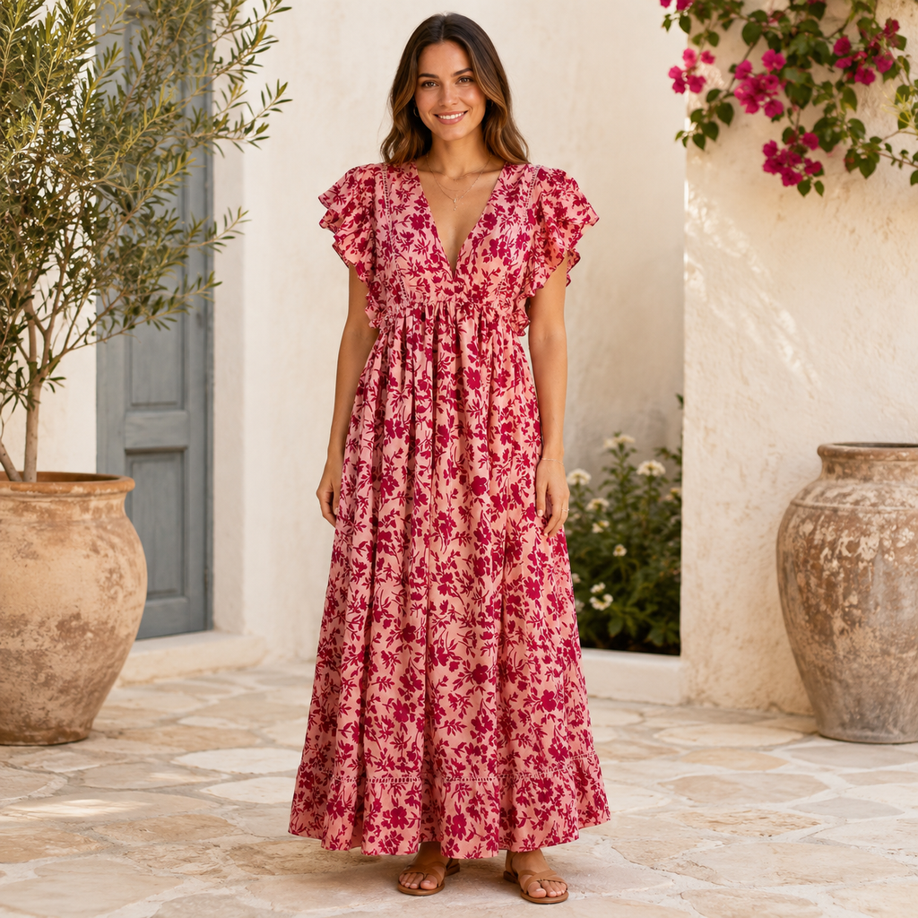 VESTIDO MAXI FLORAL FUCHSIA