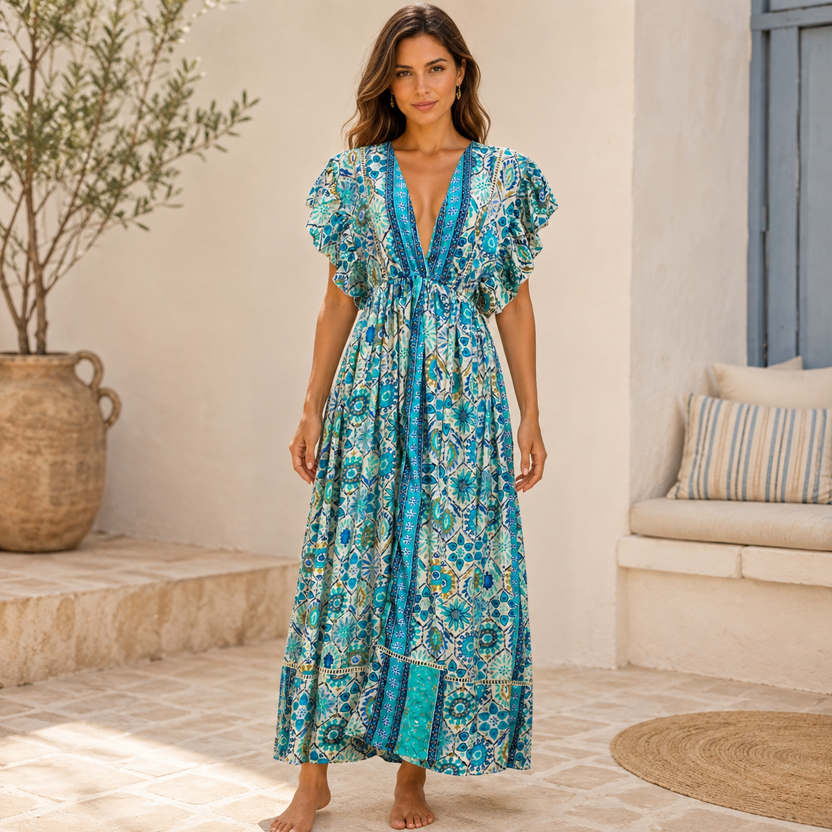 VESTIDO MAXI TURQUESA MEDITERRÁNEO