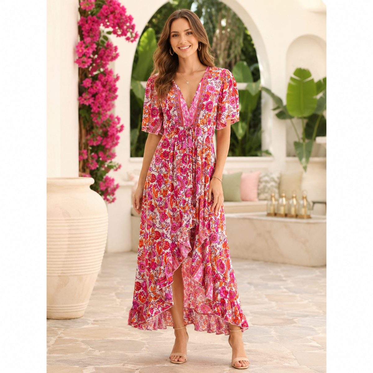 VESTIDO MIDI FLORAL FUCSIA SUNSET