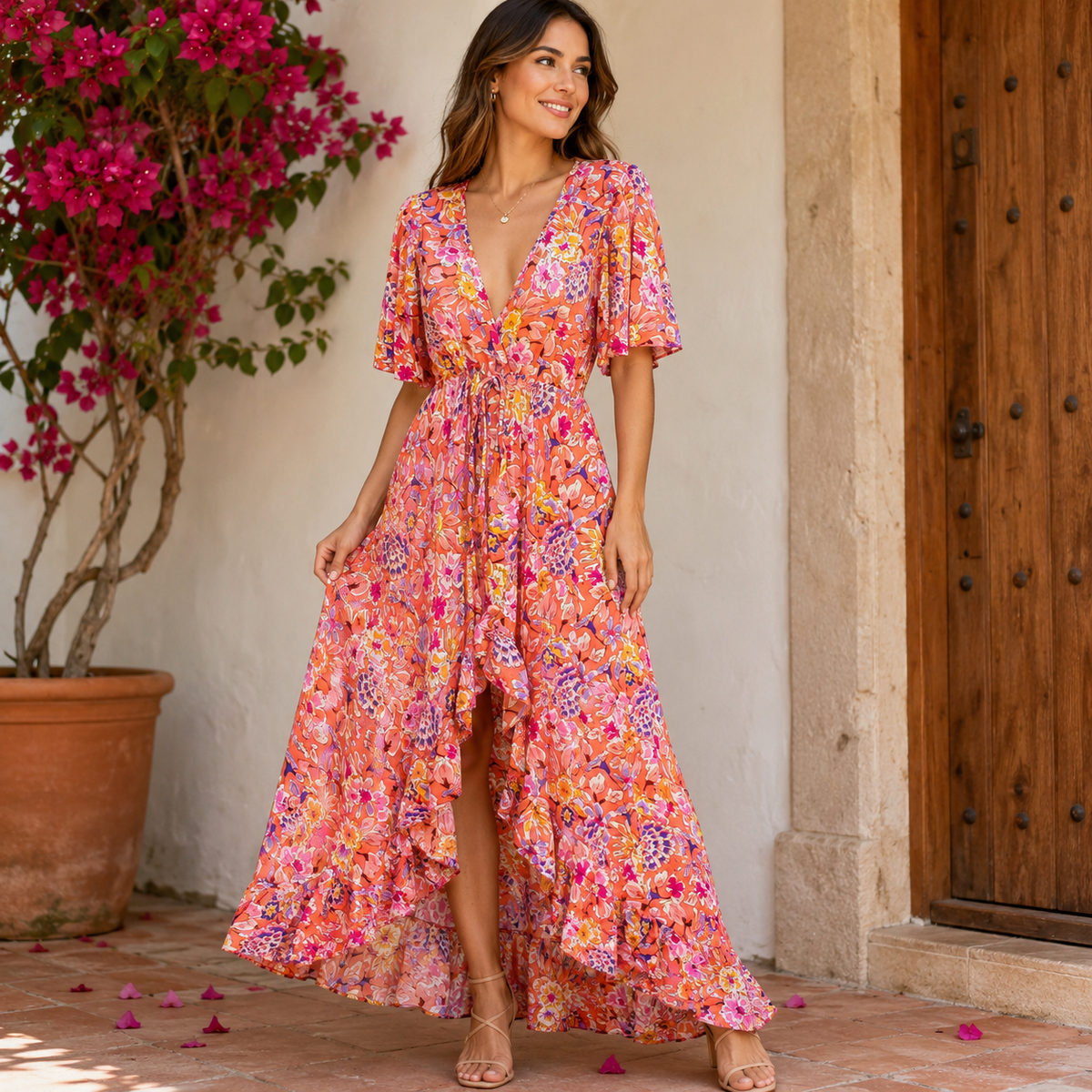 VESTIDO MIDI FLORAL CORAL BLOOM