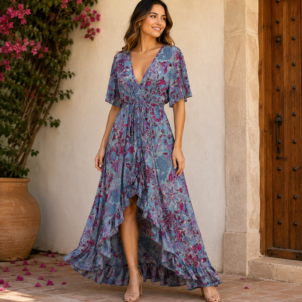 VESTIDO MIDI FLORAL LAVANDA FUCHSIA