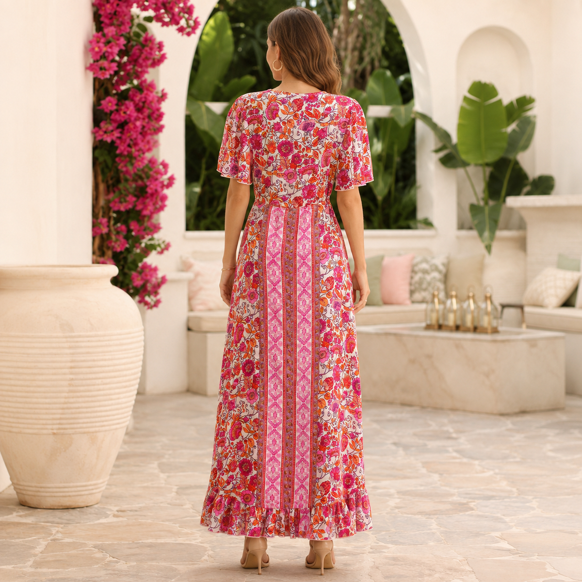 VESTIDO MIDI FLORAL FUCSIA SUNSET