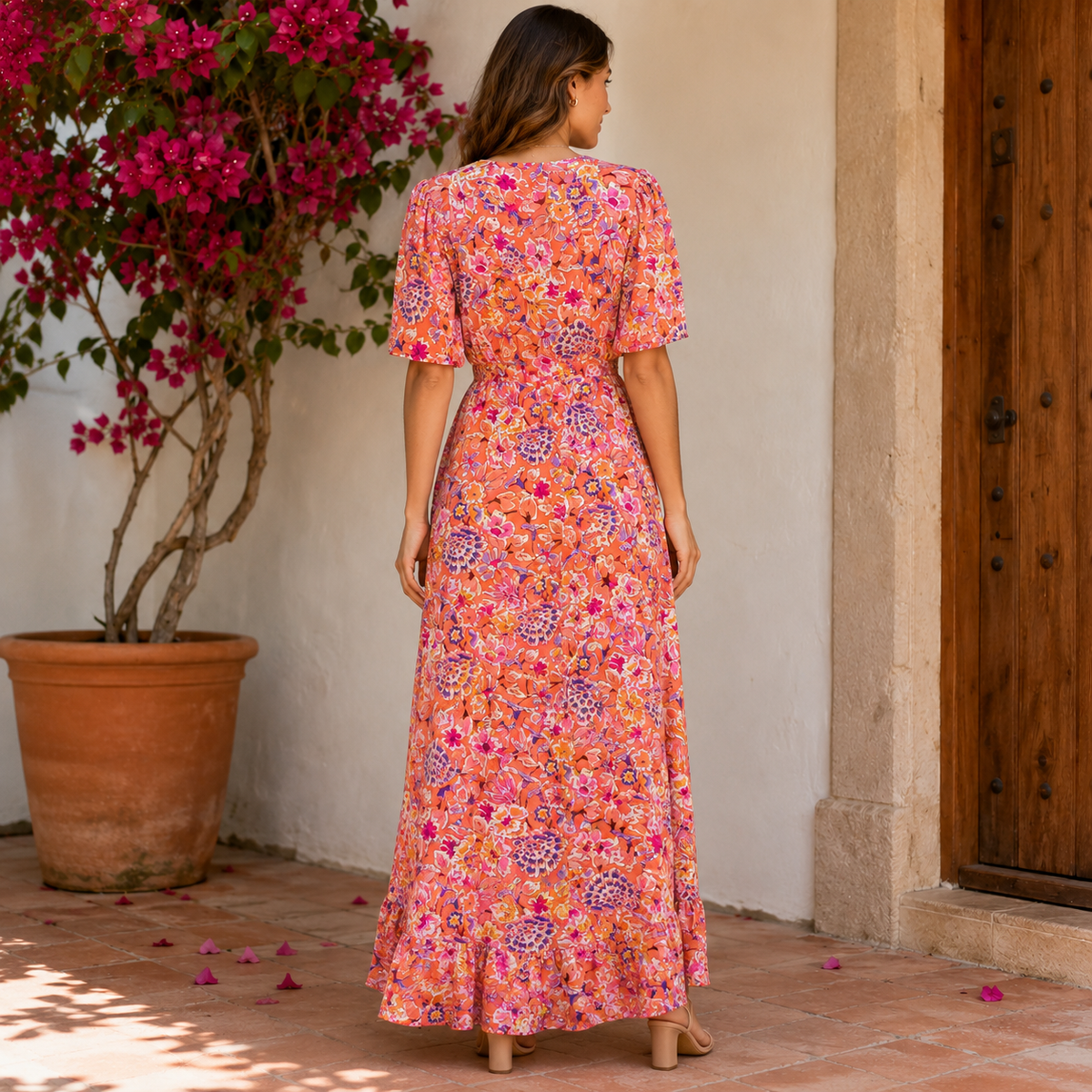 VESTIDO MIDI FLORAL CORAL BLOOM