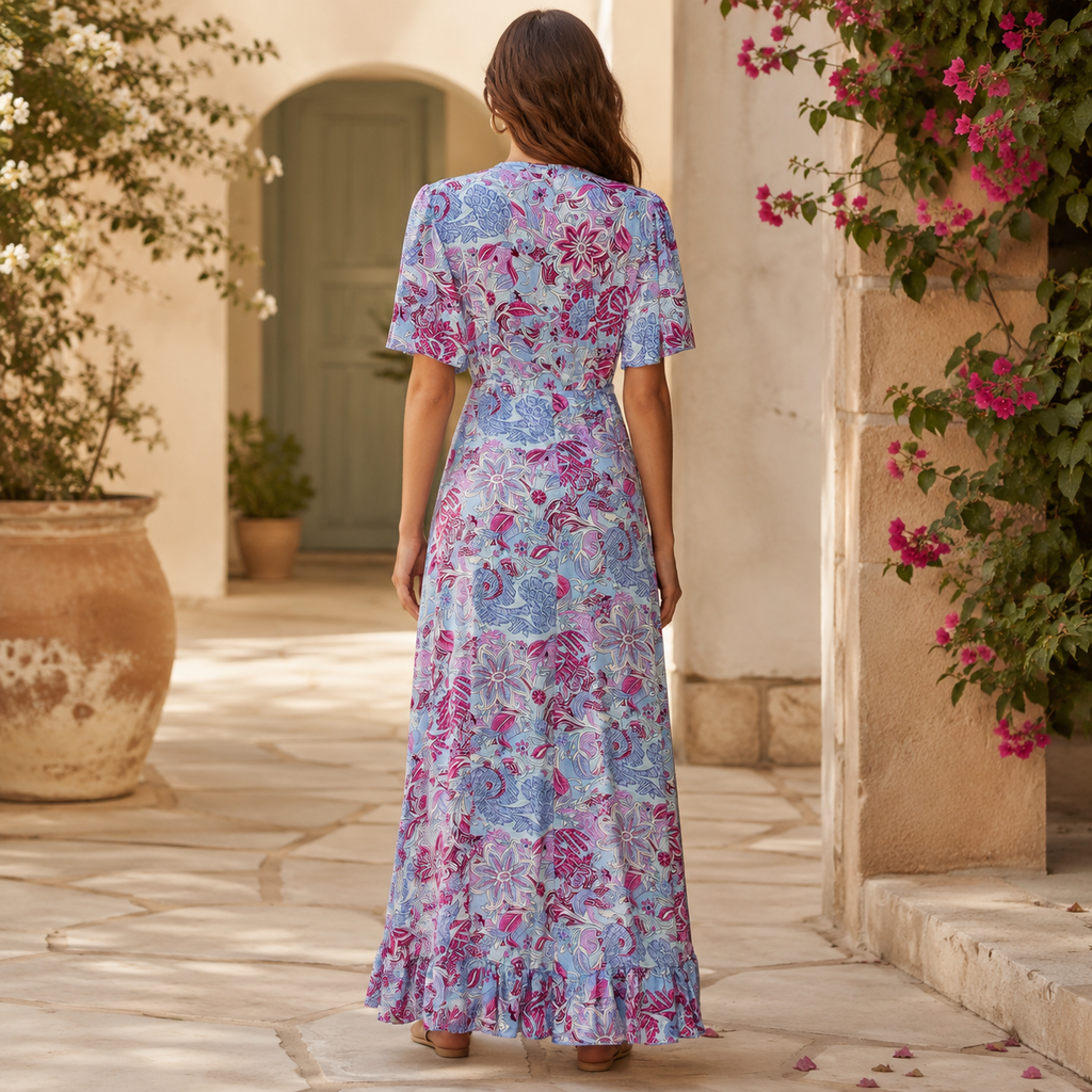 VESTIDO MIDI FLORAL LAVANDA FUCHSIA