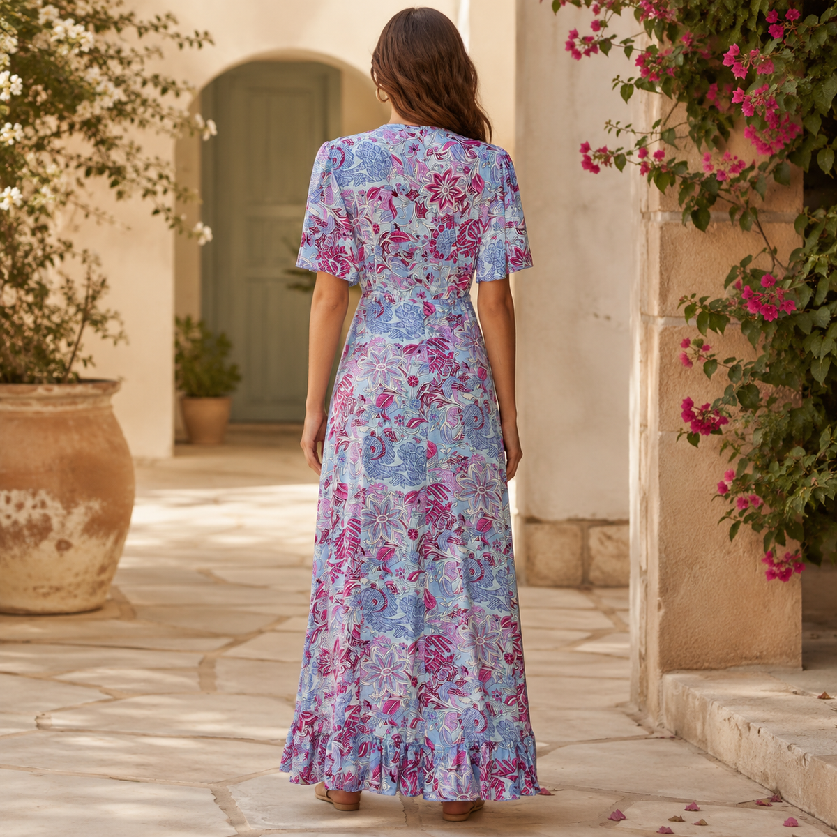 VESTIDO MIDI FLORAL LAVANDA FUCHSIA