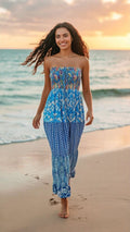 VESTIDO ESTRAPLE AZUL-CELESTE-ROJO